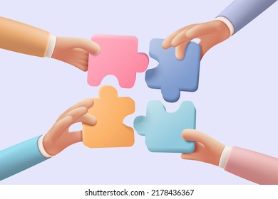 3D jigsaw puzzle pieces symbol of teamwork. Problem-solving, business challenge in 3d hand of connection jigsaw puzzle, partnership success.  3d teamwork puzzle success icon vector render illustration