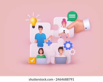 3D jigsaw puzzle pieces symbol of teamwork. Global communication network. Social media communication systems and technologies. 3D Web Vector Illustrations.