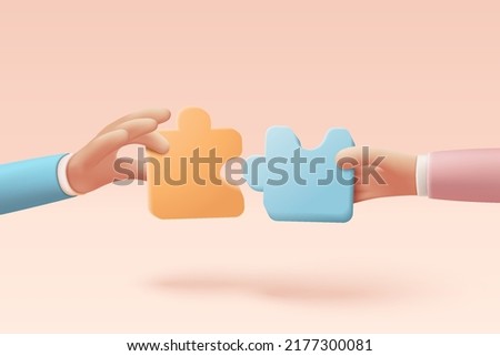 3D jigsaw puzzle pieces symbol of teamwork. Problem-solving, business challenge in 3d hand business connection jigsaw puzzle, partnership concept.  3d teamwork idea icon vector render illustration