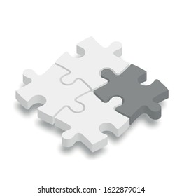 3D jigsaw puzzle pieces. White pieces with one dark grey highlighted. Team cooperation, teamwork or solution business theme. Vector illustration with dropped shadow.