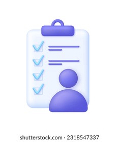 3D Job Interview Mietformular Symbol. Auswahlliste für den Fragebogen für freie Stellen. Arbeitssuche, Personalwesen, Wirtschaft, Bewerbungsgespräch, Personalsuche, Rekrutierungskonzept. Trendy und moderne Vektorgrafik im 3D-Stil.
