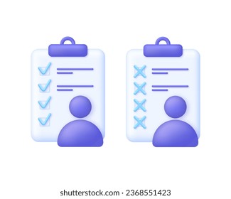 3D Job interview hire form icon. Rejected and Approved concept. Candidate questionnaire checklist for vacancy. Job search, human resources, business, job interview, hr, recruitment concept. 3D vector