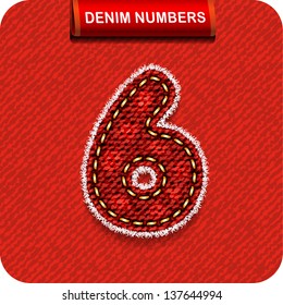 3d Joyful dark red (Carmine) color denim number "6". Eps 10. The rest of the alphabet letters and numbers in the portfolio.