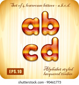  3d Joyful Decorative lacquer set of 4 lowercase letters "a", "b", "c", "d" alphabet styled expensive wood. Eps 10.