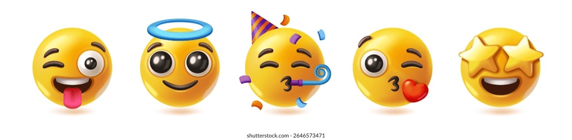3D Joyful Emoji Set. Round yellow emoticon icons with stars, air kiss, angel halo and party hat. Design elements for social networks. Cartoon vector illustration collection isolated on background