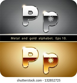 3d Joyful set of chrome metal and gold vector alphabet. The letter "P".Eps 10. The rest of uppercase and lowercase letters, symbols and numbers of the alphabet in my portfolio.