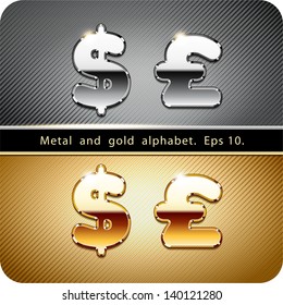 3d Joyful set of chrome metal and gold vector alphabet. Currency symbols dollar and pound.Eps 10. The rest of uppercase and lowercase letters, symbols and numbers of the alphabet in my portfolio.