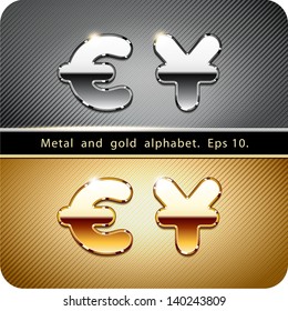 3d Joyful set of chrome metal and gold vector alphabet. Currency symbols dollar and euro. Eps 10. The rest of uppercase and lowercase letters, symbols and numbers of the alphabet in my portfolio.