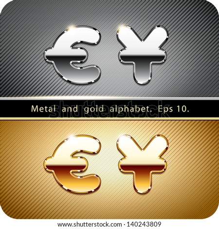 3d Joyful set of chrome metal and gold vector alphabet. Currency symbols dollar and euro. Eps 10. The rest of uppercase and lowercase letters, symbols and numbers of the alphabet in my portfolio.