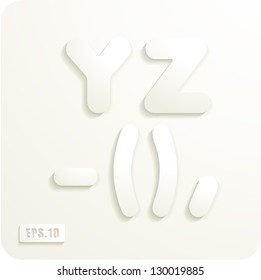 3d Joyful set of cut paper vector letters and punctuation, Y,Z,dash,bracket,comma. Eps 10. The rest of uppercase and lowercase letters, symbols and numbers of the alphabet in my portfolio.