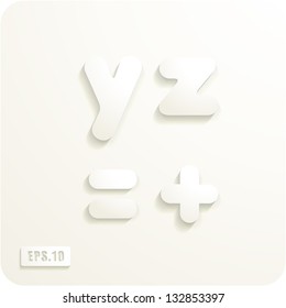 3d Joyful set of cut paper vector lowercase letters, y,z,equal, plus. Eps 10. The rest of uppercase and lowercase letters, symbols and numbers of the alphabet in my portfolio.