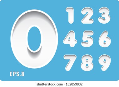 3d Joyful set of cut paper vector numbers on blue background, from 1 to 0. Eps 10.