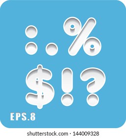 3d Joyful set of cut paper vector letters and punctuation,colon, point, percentage, dollar, exclamation, question. The rest of  letters, symbols and numbers of the alphabet in my portfolio.