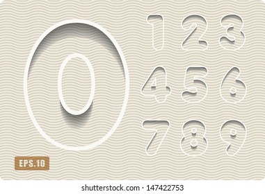 3d Joyful set of cut paper vector numbers on pastel background, from 1 to 0. Eps 10