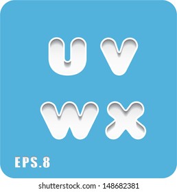 3d Joyful set of cut paper vector lowercase letters on blue background, u,v,w,x. Eps 8. The rest of uppercase and lowercase letters, symbols and numbers of the alphabet in my portfolio.