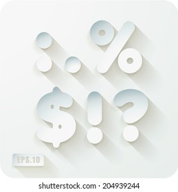 3d Joyful set of cut paper vector concave vector alphabet. The punctuation and symbols, colon, point, percentage, dollar, exclamation, question. eps10