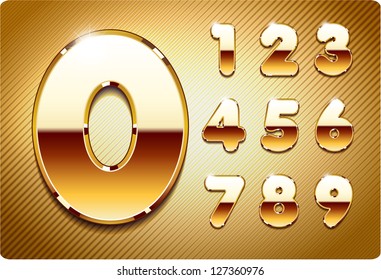 3d Joyful set of gold metal vector numbers, from 1 to 0. Eps 10. The rest of uppercase and lowercase letters, and symbols of the alphabet in my portfolio.