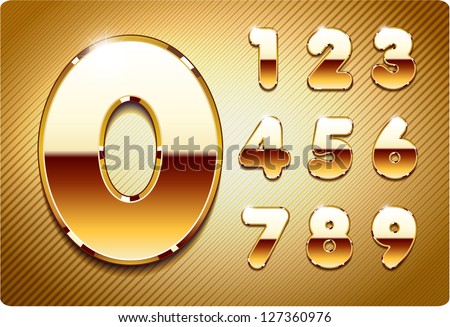 3d Joyful set of gold metal vector numbers, from 1 to 0. Eps 10. The rest of uppercase and lowercase letters, and symbols of the alphabet in my portfolio.