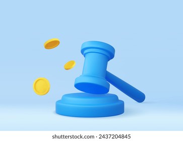 Martillo de juez 3d con monedas. Concepto de ventas Martillo de corte de subastas símbolo de autoridad de oferta, renderizado 3d. Ilustración de vector