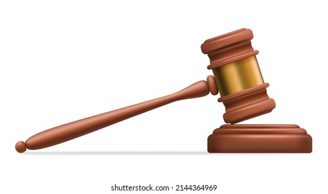 3d judge gavel in court table vector illustration. Realistic wooden hammer, ancient symbol of law, adjudication and judicial order, mallet of judiciary isolated on white. Justice, judgement concept