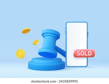 3d judge gavel with Mobile phone and coins flying. Concept of sales Auction court hammer bid authority symbol, 3d rendering. Vector illustration