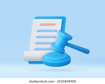 3d judge gavel on paper clipboard. Judge arbitrate courthouse concept. Auction court hammer bid authority symbol, Law concept. 3d rendering. Vector illustration