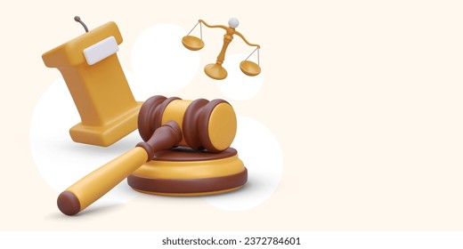 Gavel de juez 3D, tribuna con micrófono, báscula. Discurso en la corte. Conjunto de leyes y justicia. Composición vectorial al estilo de las caricaturas. Plantilla de color con espacio para texto publicitario