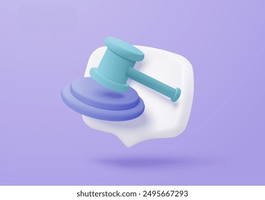 3D judge hammer icon minimal gavel concept of law. Professional lawyer, punishment, law advisor, advocate. Judge arbitrate courthouse 3d icon vector render illustration