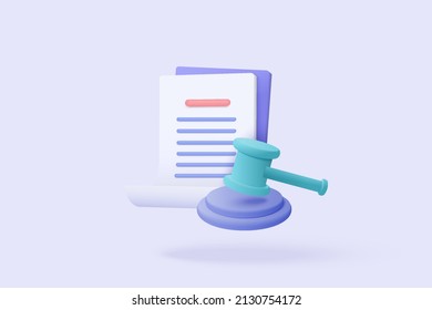 3D judge hammer minimal gavel concept of law icon on paper clipboard. Professional lawyer 3d, punishment, judgement, law advisor, advocate, auction. Judge arbitrate courthouse concept 3d vector render