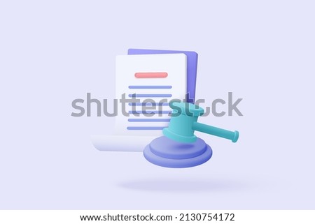 3D judge hammer minimal gavel concept of law icon on paper clipboard. Professional lawyer 3d, punishment, judgement, law advisor, advocate, auction. Judge arbitrate courthouse concept 3d vector render