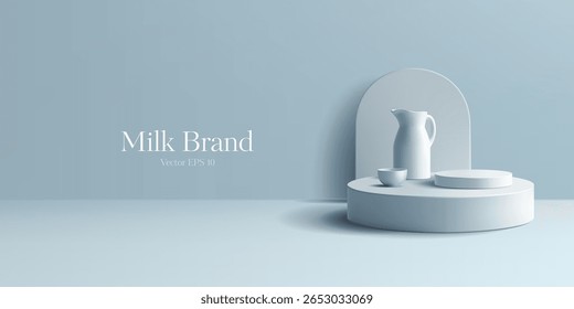 3D jug, plate, empty podium, and wall. For advertising dairy products, drinks, and food. Modern mockup for packaging. Discounts, sales. Vector illustration.