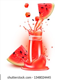 3d. Juice, drink, cocktail in a transparent glass. Watermelon juice.Flowing juice from fruit with falling drops.Vector image for advertising of vegetarian food, stocks, fruit sales.
