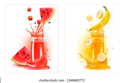 3d. Juice, drink, cocktail in a transparent glass. Bananana juice. Watermelon juice. Flowing juice from fruit with falling drops.Vector image for advertising of vegetarian food, stocks, fruit sales.