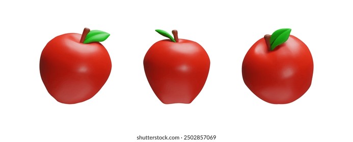 3d juicy red rendering set of apple with leaf. School symbol collection of knowledge, education realistic fruit. Vector illustration in cartoon render style. Organic ripe health sweet vegetable.