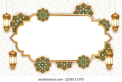 3d jumma eid mubarak ramadan lantern white islamic background with ornament pattern. Translation: "Muslim fasting month and celebration day after fasting"