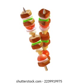 3d Kebab or Barbecue on a Skewer Food Meat Set Plasticine Cartoon Style Isolated on a White Background. Vector illustration