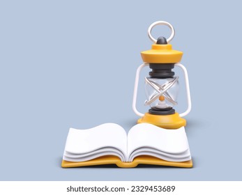 3D kerosene lamp and open book. Poster on color background. Evening reading at campsite. Quiet, pleasant rest, relaxation in nature. Training in scout camp