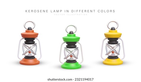 3D kerosene lamps in different colors. Vector image with shadows on white background. Tourist night lighting equipment without batteries. Lantern for long term work