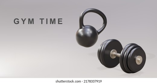 3d kettlebell y dumbbell - concepto de tiempo de gimnasio. Ilustración vectorial.