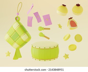 3d ketupat, drum nastar, money pockets, stars and coins. Suitable for Ramadan, Eid al fitr and Eid al Adha decoration.