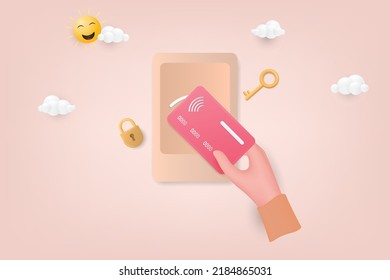 3.ª tarjeta de llave en mano. Control de acceso. Sistema electrónico para abrir, cerrar, bloquear y desbloquear puertas. Sensor táctil. Seguridad del sistema, protección. Ilustración de vectores 3D.