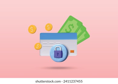 3d key lock, coin and credit card icon vector illustration design. Online security and protection money concept on pink background. 