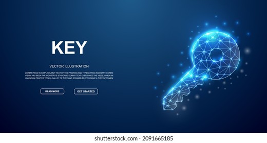 3d Key low poly symbol with connected dots for blue landing page template. Security design illustration concept. Polygonal Key illustration for homepage design, promo banner.