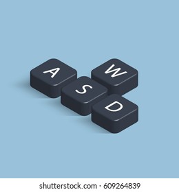 Botones de teclado 3D WASD. Concepto de juego cibernético informático. Isometric vectorial ilustración 