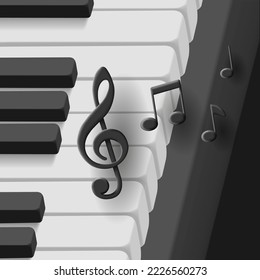 3d keyboard of piano with volume clef and notes, black and white album cover