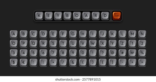 3d keyboard template. Mechanical computer key set. English keypad with letters and numbers. Metal letter press buttons. Configurable word collection. PC input pushbuttons. Editable vector illustration