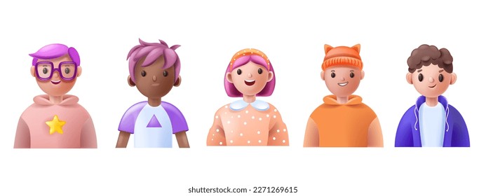 3D kid avatar set, vector young school teen boy girl cartoon character, child face icon cute smile. Diverse kindergarten head collection, happy student team portrait profile clipart. Kid avatar kit
