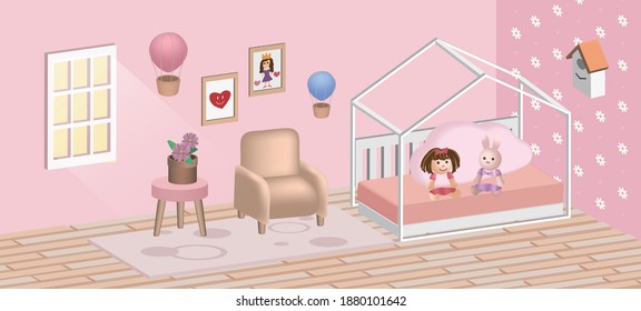 3D kid or children's room cross-section with house shaped wooden bed, pink walls, carpet, sofa, paintings, dolls and small kids table.