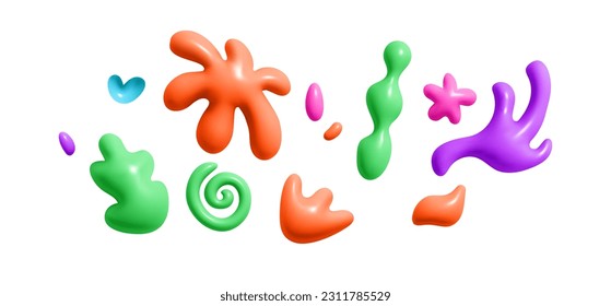 3d kid doodle graphic element. Render color abstract liguid plan shape. Cute flower shape, squiggle ,doodle in trendy moden style. Vector cartoon illustration