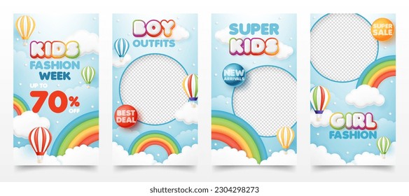 Plantilla de venta de moda infantil. venta de carteles de anuncios para niños ofrecen descuentos promocionales con arco iris y globo para promoción de ventas, tienda de ropa para bebés, tienda en línea, volante, web, afiche y publicación en medios sociales